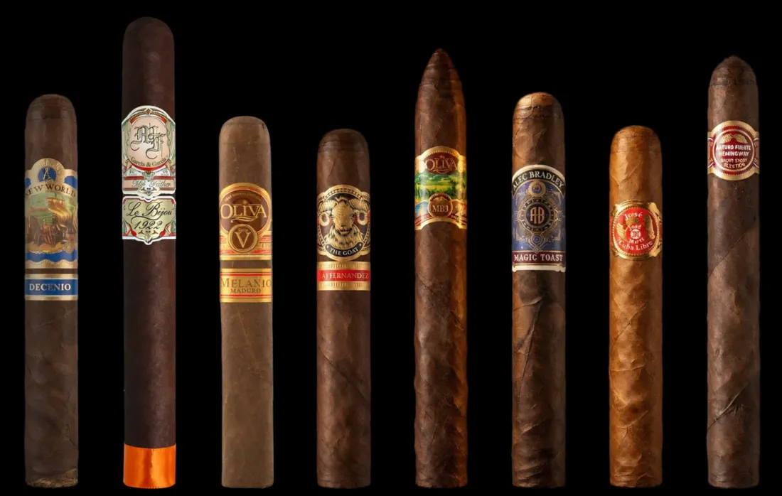 Row of premium cigars with their bands