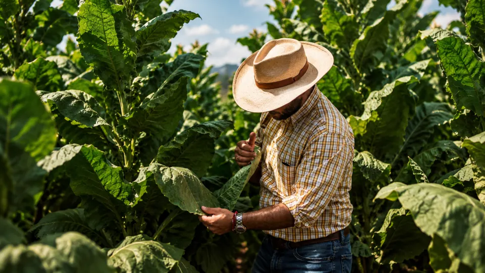 A farmer inspecting tobacco leaves in the field