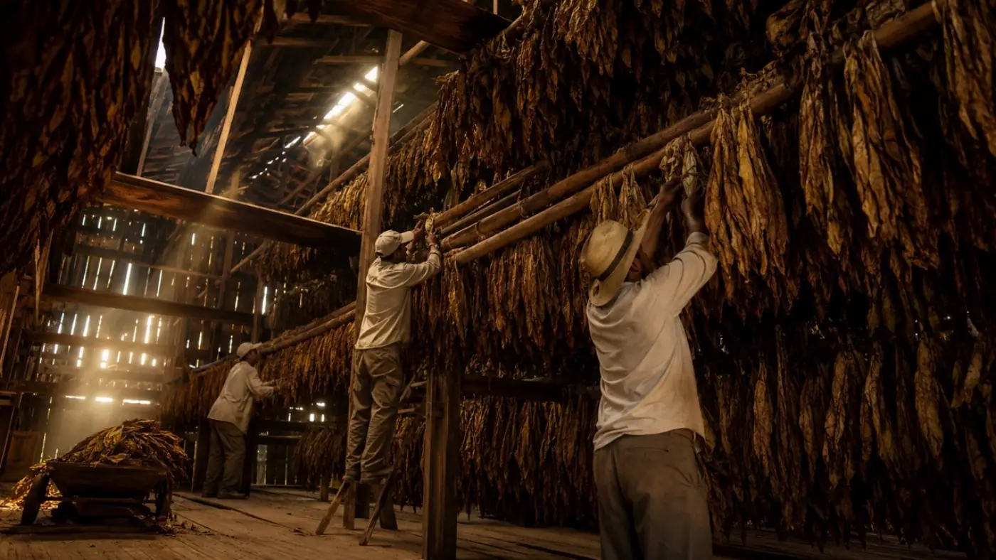 Workers hanging tobacco leaves in a curing barn